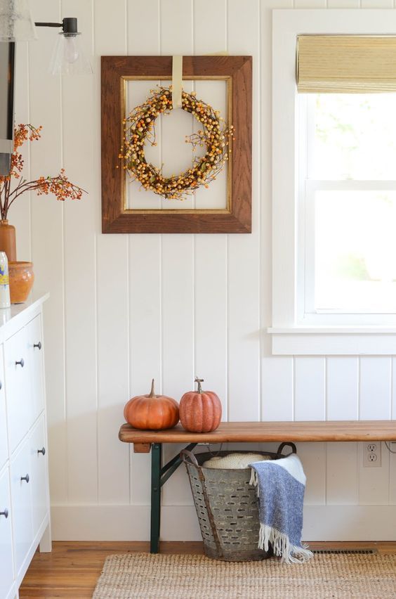Fall Entryway With Fall Wreath And Reclaimed Wood Bench Via Ironandtwine