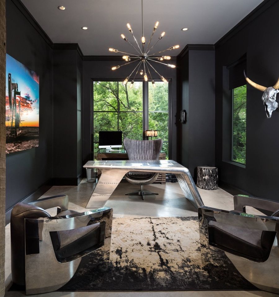 Aviator Metal Desk in Industrial Home Office via Rosewood Builders