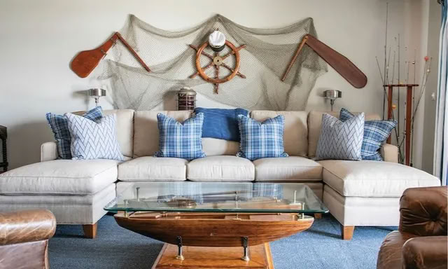 Nautical living room ship wheel wall